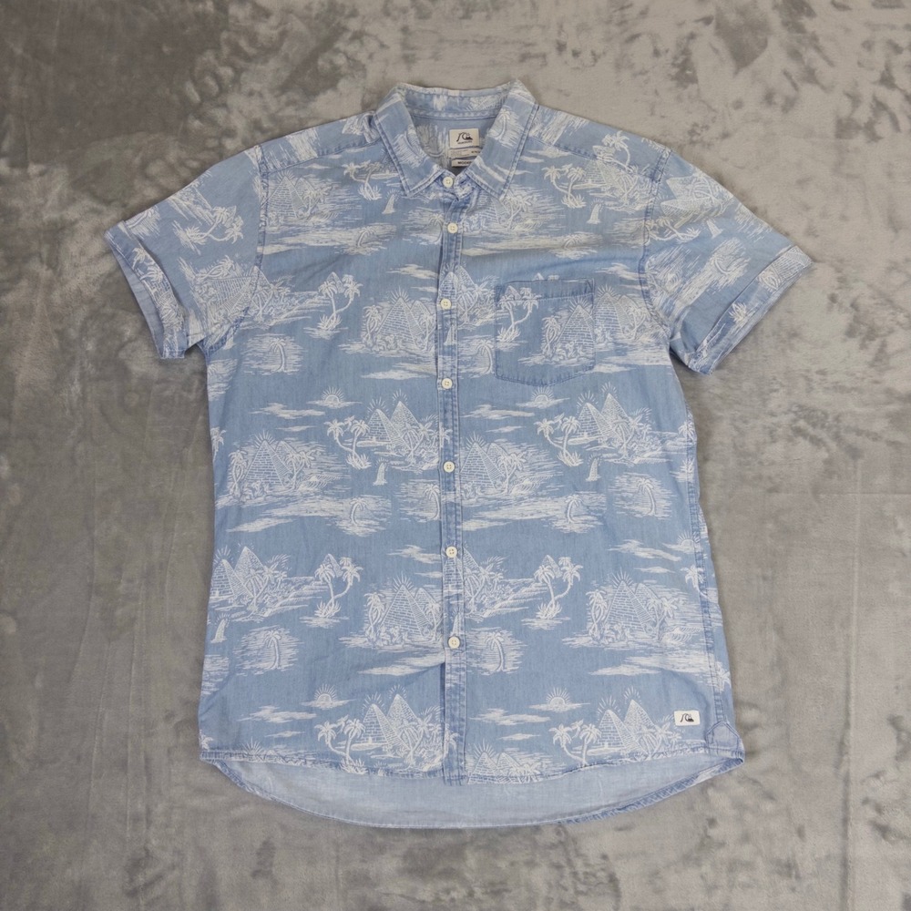 Quiksilver Button Down Shirt Mens Medium Blue Pyramid Palm Tree Modern Fit Surf